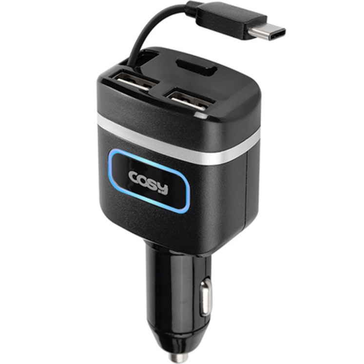 자동차용품 코시 QC3.0 USB 2포트 차량용 자동감김 급속 충전기 타입C, CGR3247AT, 블랙