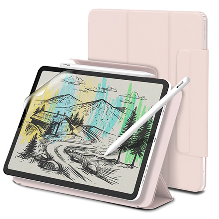 신지모루 마그네틱 폴리오 애플펜슬커버 태블릿PC 케이스 + 종이질감 액정보호 필름 세트, 핑크 샌드 - 투데이밈