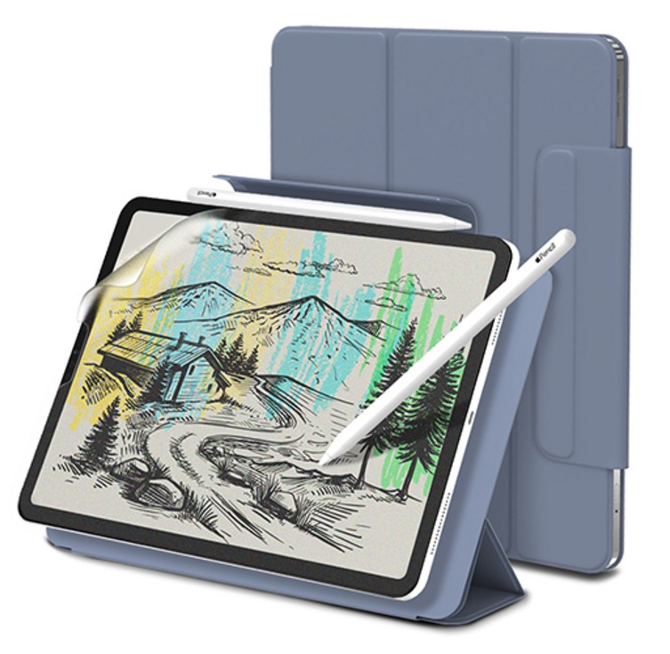 신지모루 마그네틱 폴리오 애플펜슬커버 태블릿PC 케이스 + 종이질감 액정보호 필름 세트, 라벤더 퍼플
