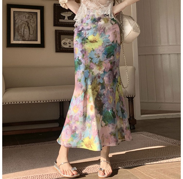 마이클로젯 MC0115 꽃프린팅 머메이드 새틴 롱스커트