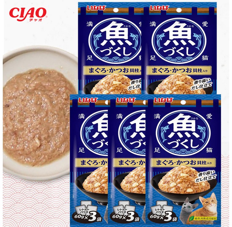 이나바 챠오 생선가득파우치 5종 콤보, 참치가다랑어가리비, 60g, 5개