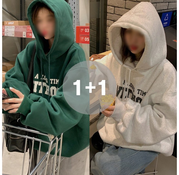 지디오 여성 후드 티셔츠 원사이즈 2개 세트 기모 긴팔 레터링 프린팅 맨투맨 밑단 스트링 여자후드티