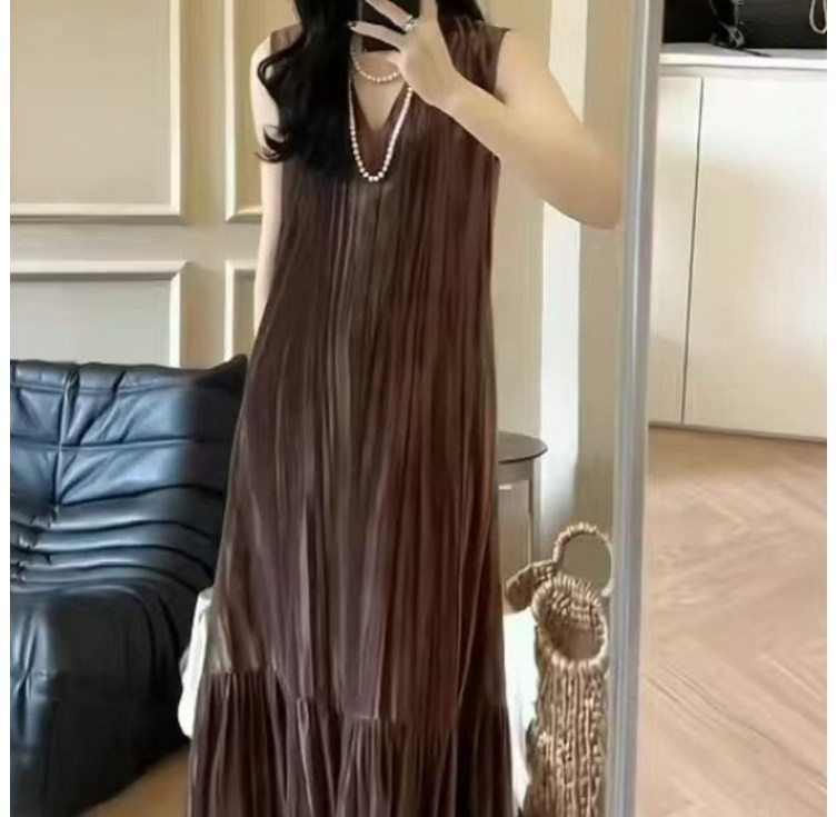 미중 여성 여름 뉴 벨벳 누름 주름 무지 패션 브이넥 민소매 기질 A라인 박시 롱원피스 yy