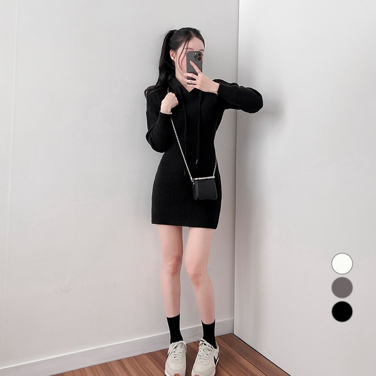 밀키버터 여성용 후드 니트 미니 원피스