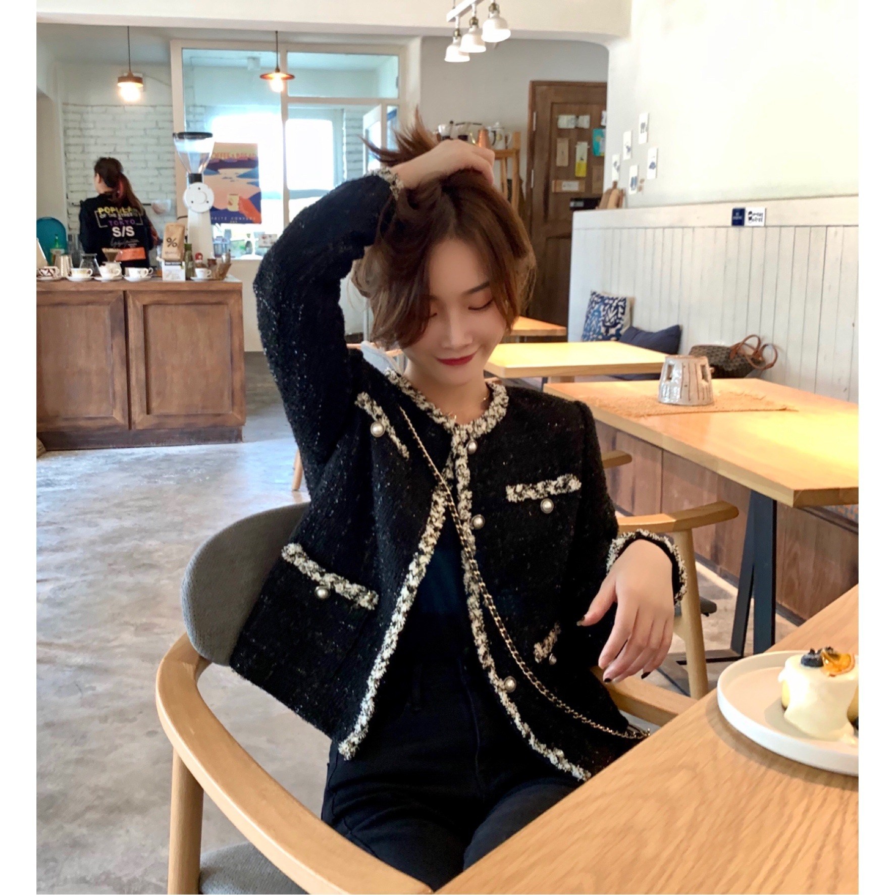 ANYOU 여성 슬림핏 트위드자켓 봄용 블랙 유행 아이템 트위드자켓 - thumb image