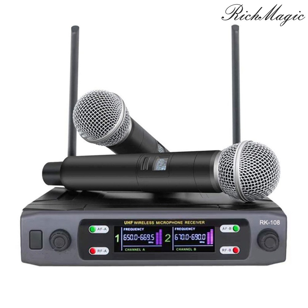 RichMagic 듀얼 채널 핸드헬드 UHF 무선 마이크2P 무대공연 노래방 회의 전문 마이크 세트, RK-108 - R
