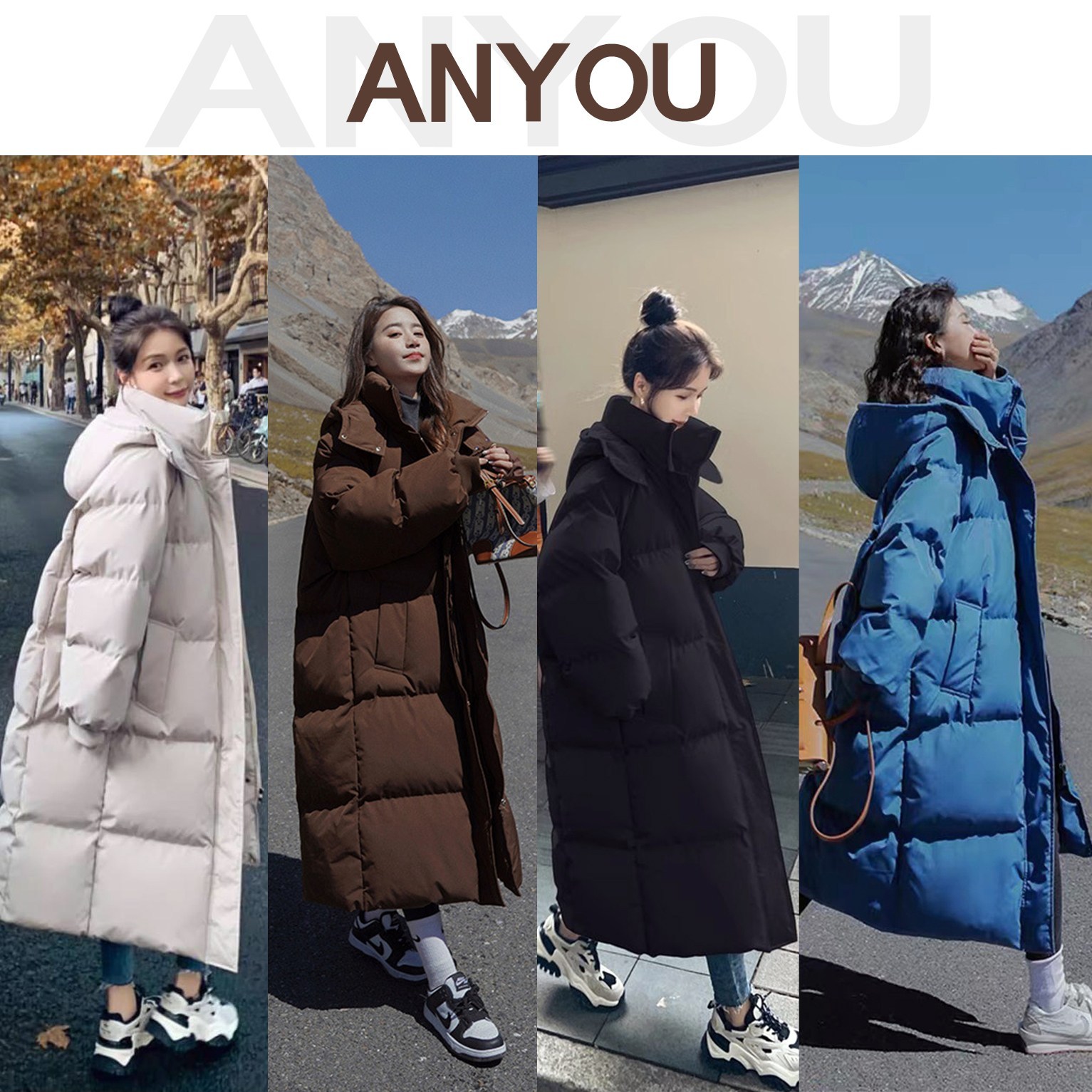 ANYOU 겨울 여자롱패딩 여성 따뜻한 롱패딩 롱 후드 코트 - A