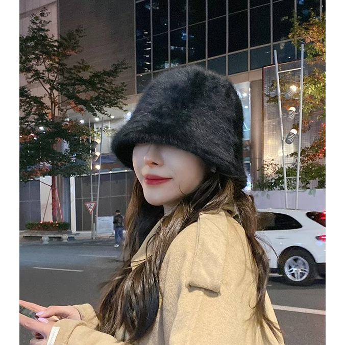 Lou.c 밍크 퍼 털 앙고라 버킷 햇 겨울 방한 모자 - L